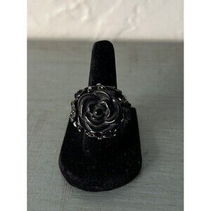Fairy Goth Rose Black Painted Metal Ring Rhinestones Enamel Sz 7.25